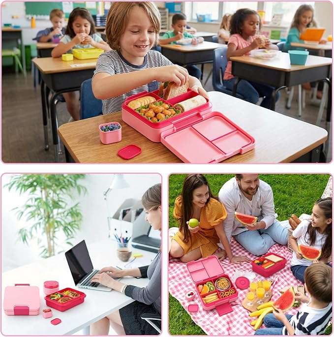 Kids Bento Lunch Box Set with 9.5oz Soup Thermo, Leak-Proof Lunch Food Containers with 3 Compartment and Removable Inner Tray, Insulated Hot Food Jar with Lunch Bag for School, Office, Pink
