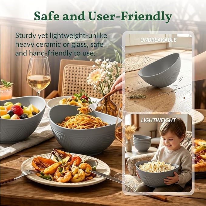 Wheat Straw Bowls, Large Salad Bowls Set of 6-60 OZ Serving Bowl for Kitchen, Camping, Party - Unbreakablke Microwave and Dishwasher Safe Big Cereal Bowl, Large Soup Bowl - Grey