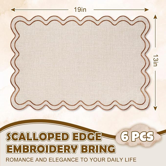 Whaline Beige Linen Placemats Embroidered Scalloped Kitchen Place Mats for Birthday Baby Shower Party Home Dining Table Decor, Set of 6, 13 x 19 in