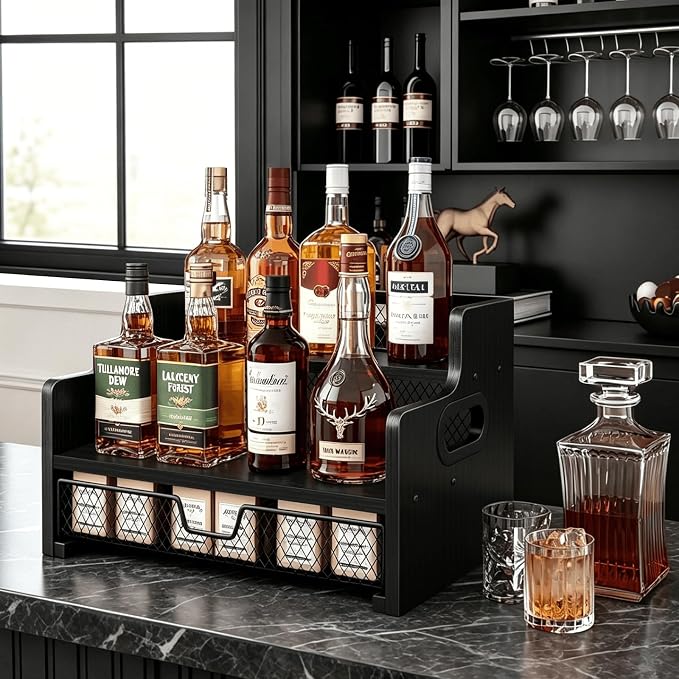 Coffee Syrup Organizer Rack, 3-Tier Syrup Holder Stand with 35 K Cup Storage Drawer, 8 Bottles Capacity, Wood Shelf Liquor Wine Rack for Coffee Bar Countertop, Black