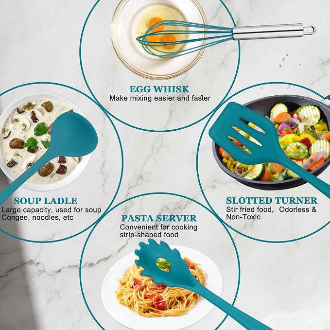 E-far 10 Pieces Silicone Cooking Utensils Set, Heat Resistant Kitchen Utensil Set for Nonstick Cookware, Kitchen Cooking Tools with Spatula, Spoon, Slotted Turner, Non-Toxic & Dishwasher Safe (Blue)