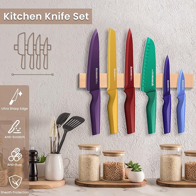 Astercook Knife Set, 12 Pcs Color-Coded Kitchen Knives Set, 6 Color Anti-Rust Coating Stainless Steel Chef Knife Sets with 6 Blade Guards Dishwasher Safe Fathers Day Gift for Men