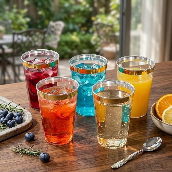 Byvivace 12OZ Plastic Cups with Gold Rimmed Sturdy & Food Safe Disposable Wine Glasses Weeding Party Cups Disposable Drinking Cups Plastic Cocktail Glasses for Wine, Juice & Cold Beverages [200 Pack]