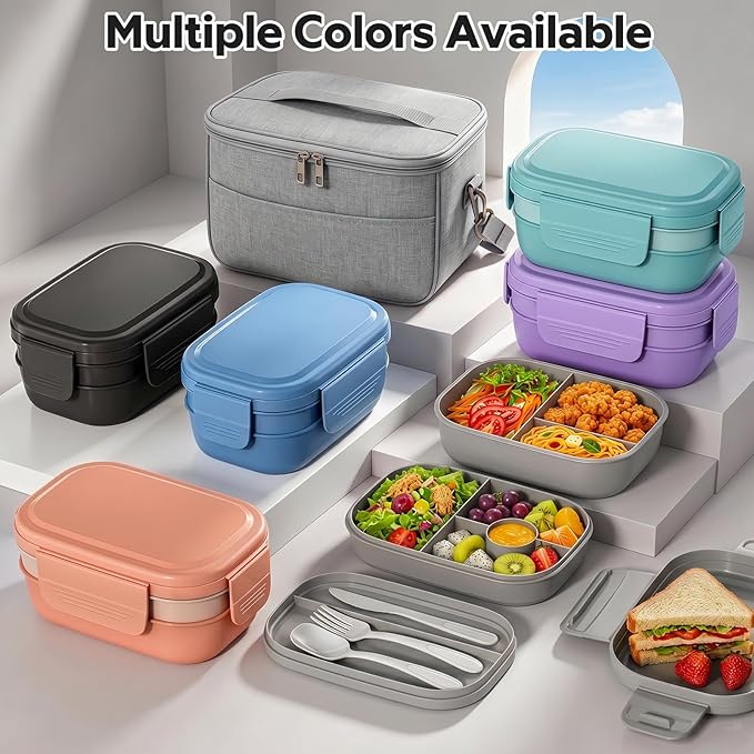 HOMETALL Bento Box Adult with Insulated Lunch Bag - 3 Stackable Leak-Proof Lunch Box Containers for Women & Men - BPA Free Lunchbox with Utensil Set (Spoon, Knife, Fork) for Work, Picnic, Dining Out