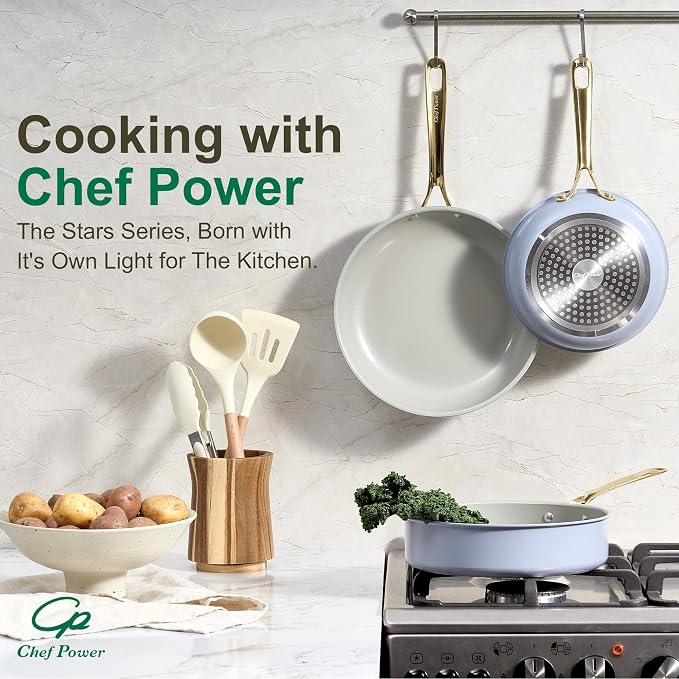 Ceramic Frying Pan with Stainless Steel handle 5Pcs Set, Non Stick Grill Pan Set, Dishwasher and Oven Safe, Blue Gray and Granite Grey