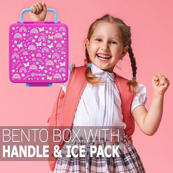 Fimibuke Chill Bento Box for Kids, Toddler Lunch Box with Built-In Ice Pack | Keep Cold Leak Proof BPA Free 4 Compartment Lunch Container with Utensil for Girl Boy School Adult, Microwave Dishwasher Safe