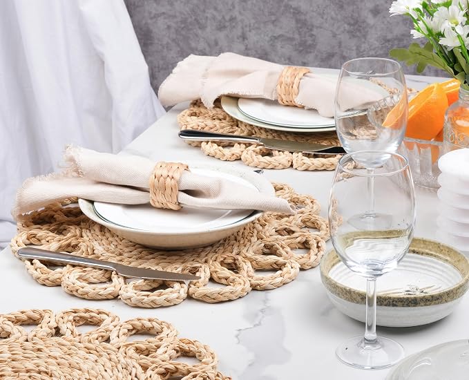 13.8" Corn Husk Woven Round Placemats Set of 4 - Wicker Boho Farmhouse Placemats - Rattan Table Mats Like Water Hyacinth for Dining Table, Wedding, Home, Christmas, Party