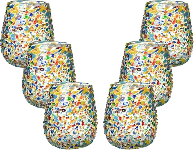 Confetti Dots Hand Blown Stemless Wine Glasses Set of 6 – Colorful Mexican Glassware – 16 oz Wine Glass – Hand Blown Mexican Drinking Glasses for Wine, Cocktails & Tequila