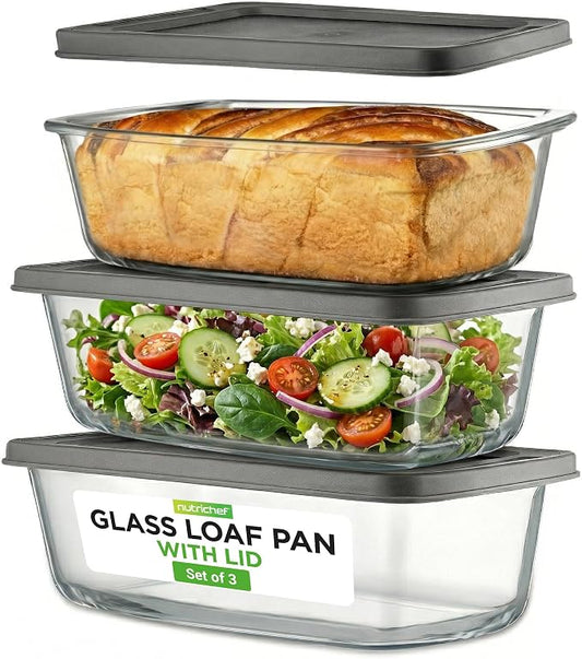 NutriChef 6 Piece Glass Loaf Pans for Baking Bread - 7.6 Cups Stackable Glass Bread Loaf Pan - 3 loaf Pan with 3 Lids - Oven & Microwave Safe, Dishwasher Safe - Clear