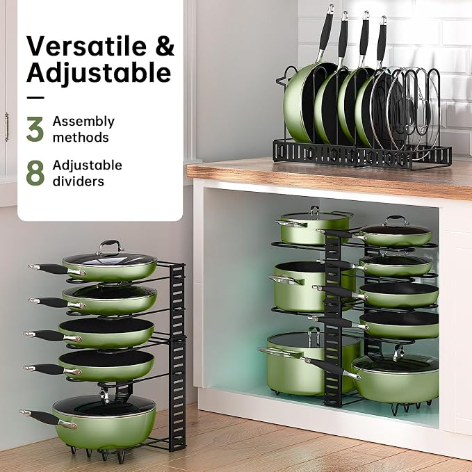 MUDEELA 8-Tier Adjustable Pots and Pans Organizer Rack under Cabinet, Blcak | Adjustable pot rack expands 11.65" to 19". Holds pots, pans and lids. 3 DIY installation methods. Fits kitchen pantry cabinet