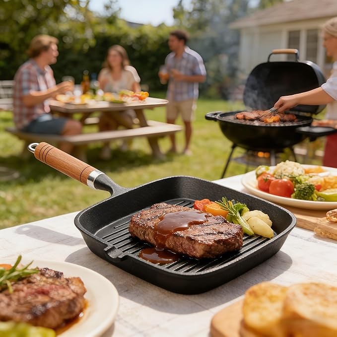 Cast Iron Grill Pan 9 Inch Griddle Pan Skillet with Kitchen Tong & Brush for Steak Searing