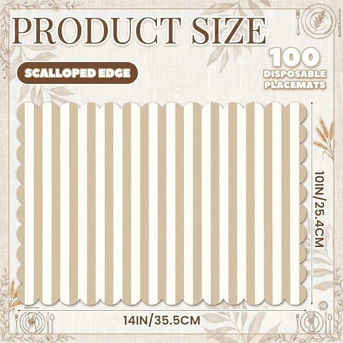 100 Pcs Beige White Stripes Place Mats Farmhouse Scalloped Dusty Scalloped Checkered Placemats Disposable Striped Place Mats for Wedding Bridal Shower Picnic Banquet Home Table