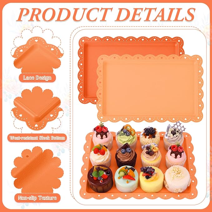 3 Pcs Orange Serving Trays Plastic Platters Dessert Cupcake Holder Party Supplies 14.4 x 9.3 Inches Rectangular Cookie Snack Display Tray for Wedding Restaurant