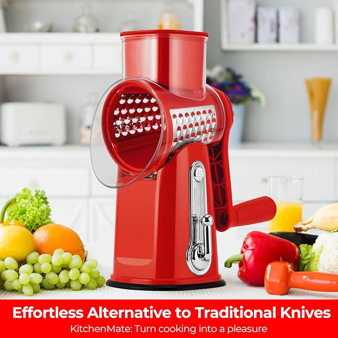 SUSTEAS Rotary Cheese Grater 5 Blades,Kitchen Mandoline Vegetable Slicer | Red, Easy to Clean, Strong Suction Base, 5 Blades Storage Box, Round Mandoline Slicer & Food Chopper for Salad