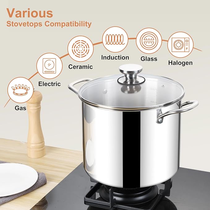 Herogo 12 QT Stock Pot, Tri-ply 18/10 Stainless Steel Cooking Pot with Lid, 12 Quart Large Metal Pasta Stockpot for Chicken Soup, Big Stockpot for Induction Gas Electric Stove, Dishwasher Safe