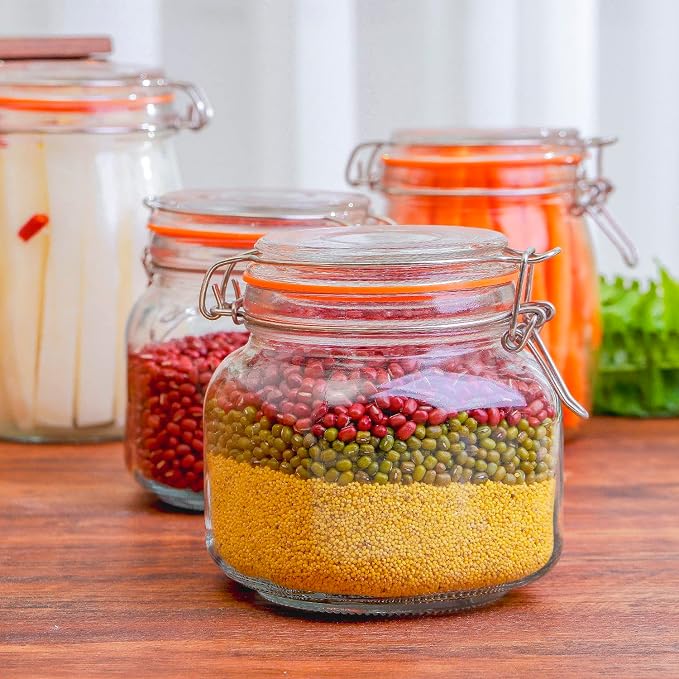 Hovico 25 oz Glass Jars With Airtight Lids And Leak Proof Rubber Gasket,Wide Mouth Mason Jars With Hinged Lids For Kitchen Canisters 750ml, Glass Storage Containers