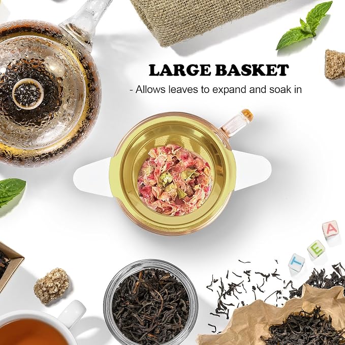 Tea Infuser for Loose Leaf Tea, 304 Stainless Steel Strainer Basket Gold | Fine Mesh Steeper, Heat Resistant, Silicone Handle, Lid Included, Large Capacity, Mug Filter, Fits Standard Cups