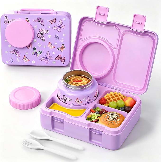 Kids Insulated Lunch Box with 8OZ Thermo Food Jar | Leakproof Bento Box with Ice Pack Sauce Cup Utensils Removable Tray & Dividers for School Daycare Travel, Butterflies