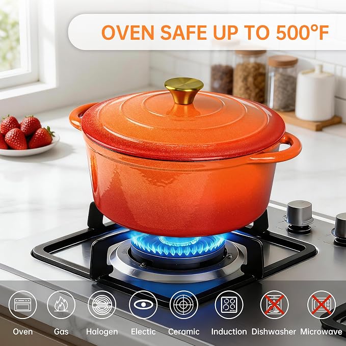 5 QT Enameled Cast Iron Dutch Oven Pot with Lid & Gold Powder | Dutch Oven for Sourdough Bread Baking, Braising, Stews, Roasting, Oven Safe up to 500° F, Orange Kitchen Cookware with Handls