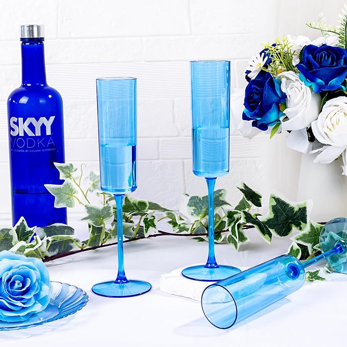 YOUBET 24Pack Blue Champagne Flutes Plastic for Party Birthday Wedding | 6 oz Blue Disposable Plastic Wine Toasting Glasses with Stem for Anniversary Celebrations