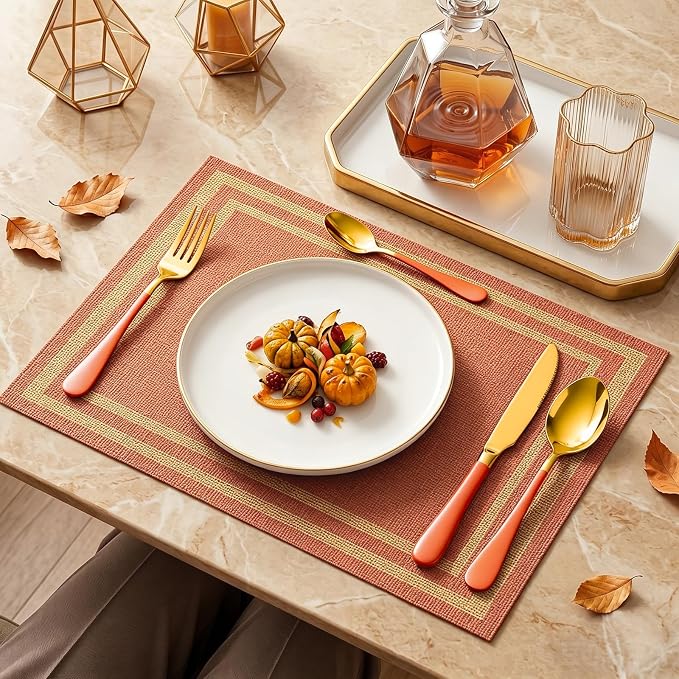 Orange Silverware Set with Holder for 6-24 Piece Stainless Steel Flatware Set with Spoons, Forks, Knives, Heavy Duty Mirror Polished Cutlery Set for Home, Kitchen, Restaurant (Orange-Gold)