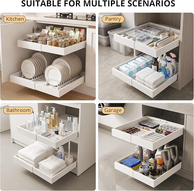 DOMNIU 2 Pack Pull Out Cabinet Organizers Expandable Width (12.4''-20.27'') | Upgrade 3 Slide Rails Sliding Drawer for Kitchen Cabinet Organizer with Adhesive Nano Film, White