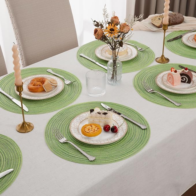 SHACOS Round Placemats Set of 6 for Dining Tables 15 inch Cotton Braided Placemats Washable Reversible for Kitchen Holiday Party (Mixed Color Pea Green, 6)