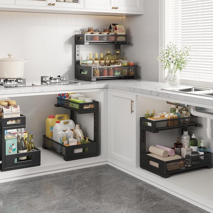 1 Pack-11.4"-16.14"H Under Sink Storage Organizer, Large 2-Tier Elegant Mesh Pull Out Shelf for Kitchen and Bathroom Cabinet Organization, L-Shaped and Adjustable Height Design for Maximum Space-Black