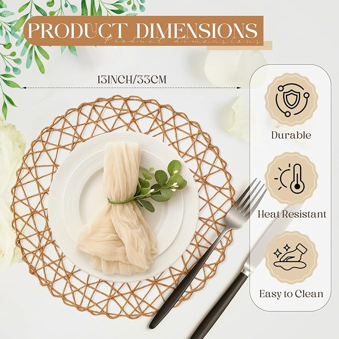 Geosar Round Woven Placemats Bulk Rustic Paper Braided Placemats Boho Natural Non slip Heat Resistant Table Mats for Wedding Party, Dinner Table Centerpiece Decoration, 13 Inch (Light Brown,24 Pcs)