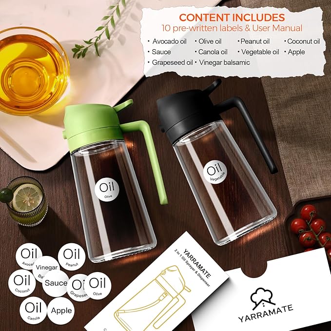YARRAMATE Olive Oil Dispenser, 2 in 1 Oil Sprayer for Cooking, 16oz/470ml Glass Oil Spray Bottle with Pourer, Food-grade Oil Dispenser and Oil Sprayer for Kitchen, Salad, Frying, BBQ (Black & Green) | Food-grade dispenser bottle, 470 ml, spray and pour...