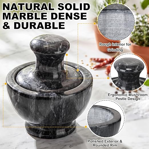 Hushee Marble Mortar and Pestle Set 3.74 Inch 1/2 Cup Stone Grinder with Mushroom Pestle Brush and Non Slip Pads Small Spice Grinder Pill Crusher for Herbs Garlic Spices Kitchen Tool