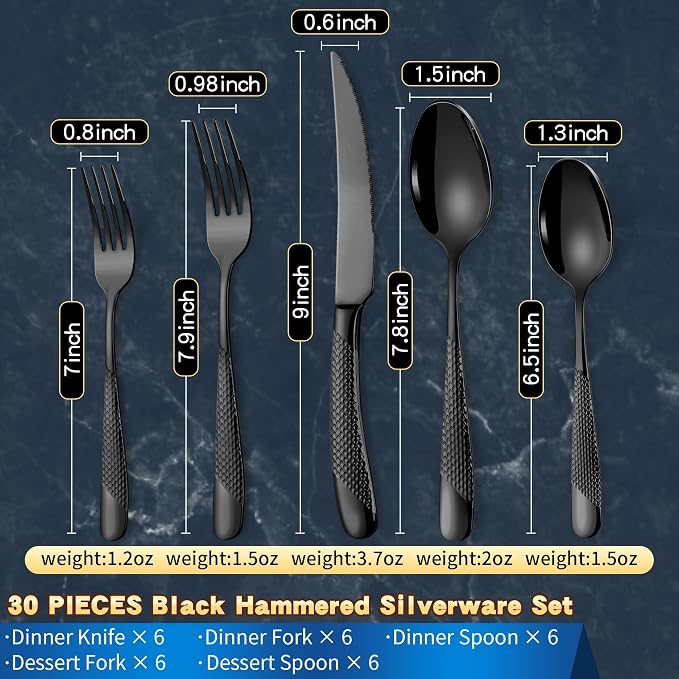 Hammered 30-Pieces Set Black Silverware Set for 6 with Serrated Forging Knives,18/10 Stainless Steel Modern Flatware Set,Unique Cutlery Set,Mirror Polished,Dishwasher Safe