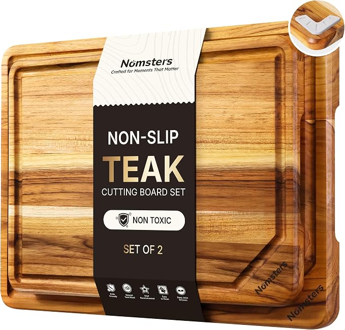 2 Pack Teak Wood Cutting Board Set Non Slip Over Sink Charcuterie Board Serving Heavy Duty Non Toxic Wooden Chopping Board Thick Haus Easy-Grip Handles, Knife-Friendly Best Kitchen Essential Gift