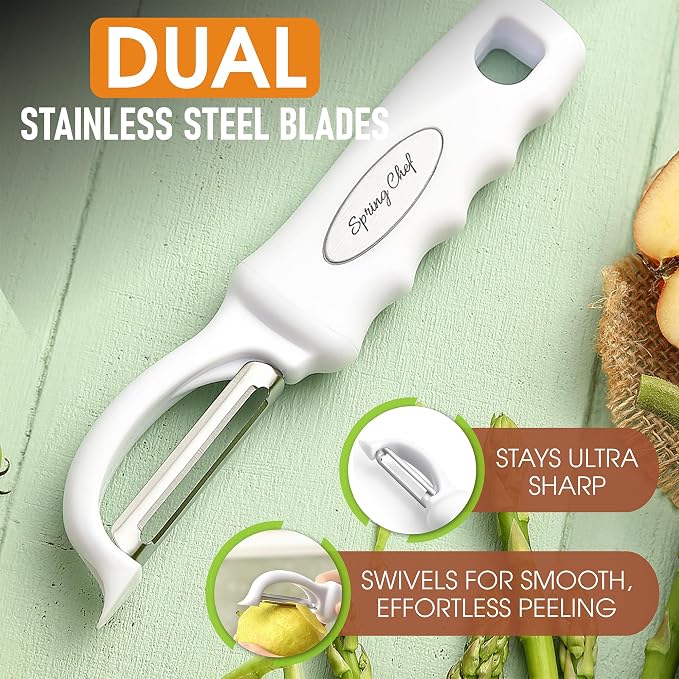 Spring Chef Swivel Potato Peeler for Kitchen with Ergonomic Handle, White | Premium Vegetable Peeler w/ Sharp Stainless Steel Blades, Multifunctional Food Peeler for Apple, Carrot, Cucumber, Fruit