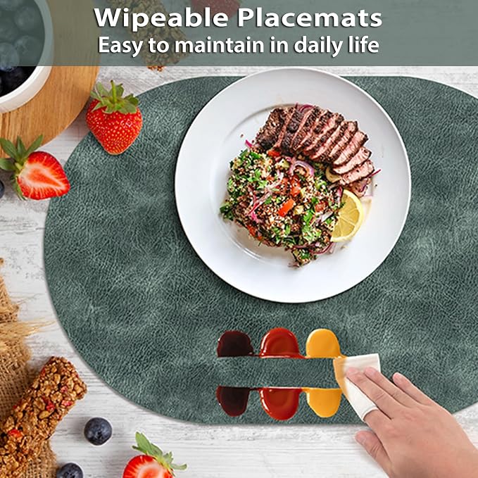 ADRIMER Placemats, Heat Resistant Oval Placemats Set of 12 Washable 12 x 17 Inch, Waterproof Table Mats, Wipeable Pu Place Mats for Kitchen, Dining Room, Blue & Green