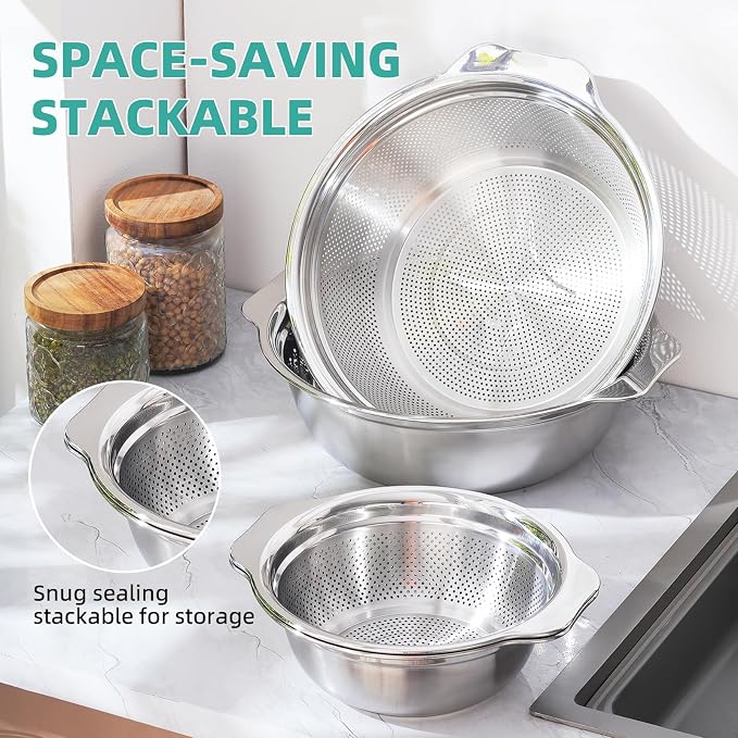 Colander for Kitchen Stainless Steel, 4QT Rice Strainer Bowl with Handle for Washing Pasta, Spaghetti, Vegetables, Fruit, Durable Use, Dishwasher Safe(2PC)