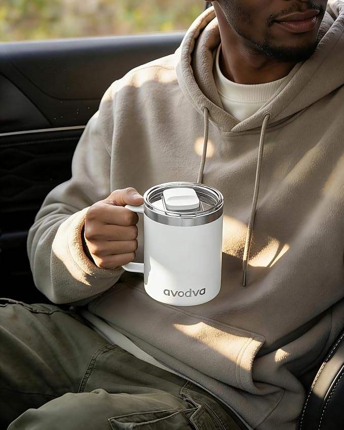2 Pack 12oz Insulated Coffee Mug with Lids – Double Wall Stainless Steel Travel Cups with Handle, Keep Hot & Cold Drinks, Ideal Gift for Coffee Lovers, Home, Office & Camping, White