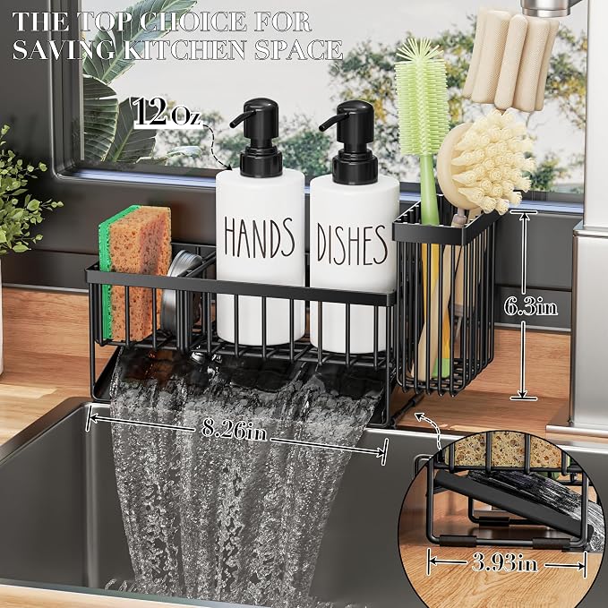 MASADI Kitchen Dish Soap Dispenser Set with Sponge Holder, 12OZ Glass Bottle, Hand and Dish Soap Dispenser Set, Non-Slip Silicone Pad, Brush Holder, Kitchen Sink Organizer Countertop (Black+White)