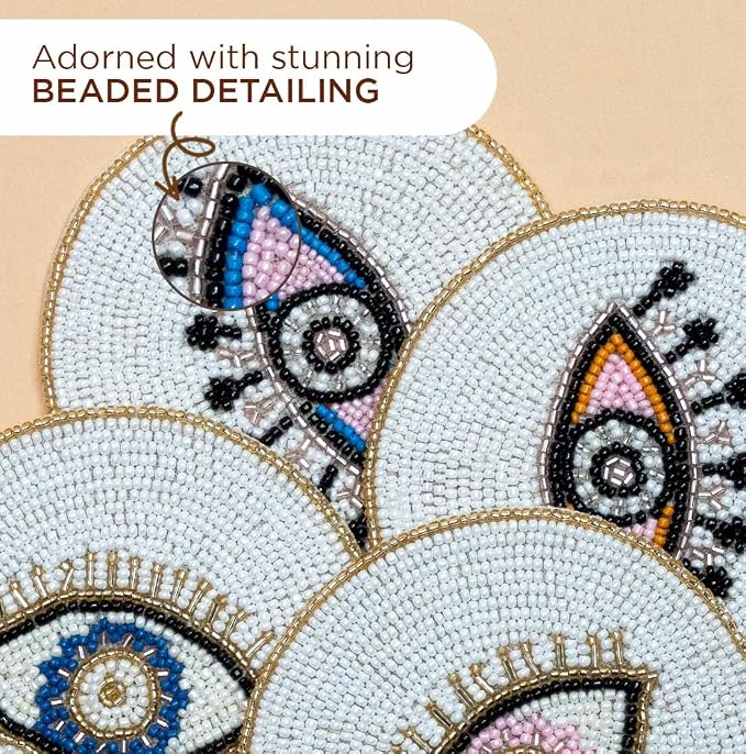 Folkulture Coasters Set of 4 | Beaded Hand-Crafted Evil Eye 2.0 Handmade Boho Drink Coasters for Coffee Table & Bar | Decorative Round Coasters for Cocktails & Wine | House Warming Gift Set