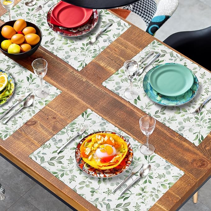 Sage Green Eucalyptus Leaves Placemats Set of 4 Spring Summer Watercolor Leaf Table Mats 12x18 Inch Seasonal Holiday Rustic Farmhouse Linen Fabric Place Mat for Kitchen Dining Decor