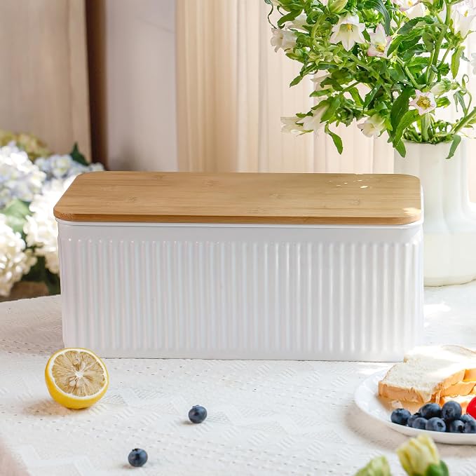 Large White Vertical Stripe Embossed Bread Box with Bamboo Lid | Corner Breadbox for Homemade Bread, Metal Bread Storage Container Bin for Kitchen Countertop