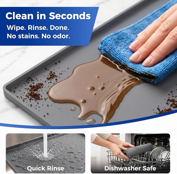 Golener Coffee Bar Mat, Silicone Coffee Mat with Raised Edges, 24"x16" | Coffee Mat for Countertop, Waterproof Coffee Station Mat, Dish Drying Mat Under Rack, Heat Resistant Coffee Machine Mat, Gray