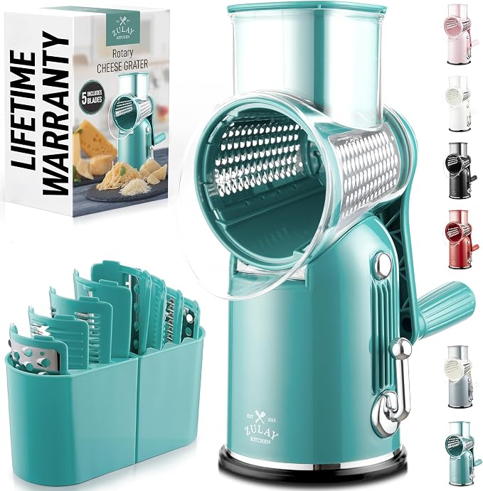 Zulay Kitchen Rotary Cheese Grater 5 Blade Cheese Shredder - Manual Hand Crank Cheese Grater With Reinforced Suction & 5 Interchangeable Drums - Easy to Use, Vegetable Chopper Round Mandoline Slicer