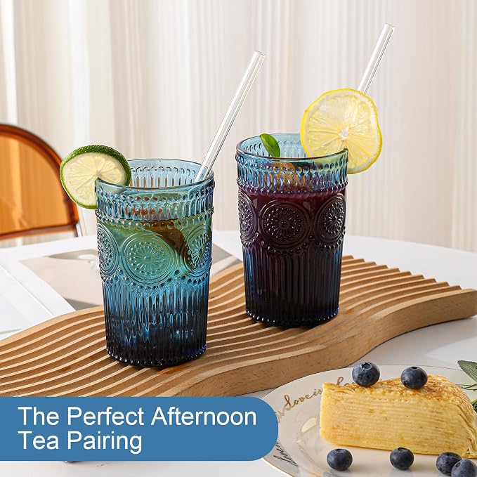 ZMOWIPDL Drinking Glasses Set of 6,13oz Flower Design Blue Glass Cups | Vintage Glassware,Textured Tumblers,Embossed Striped Drinkware for Water,Cocktails,Juice,Iced Coffee
