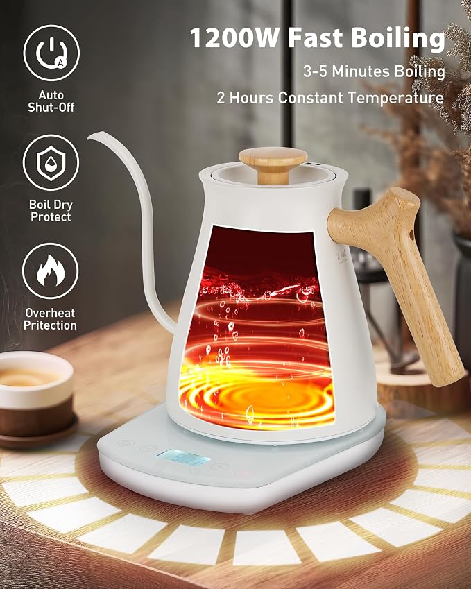 Harriet Gooseneck Electric Kettle, 0.8L, 1°F Control, Brew Timer | 120-Min Keep Warm, 104–203°F Control, Built-In Brew Timer, SUS304 Stainless Steel, Wood-Accent Handle for Pour-Over Coffee