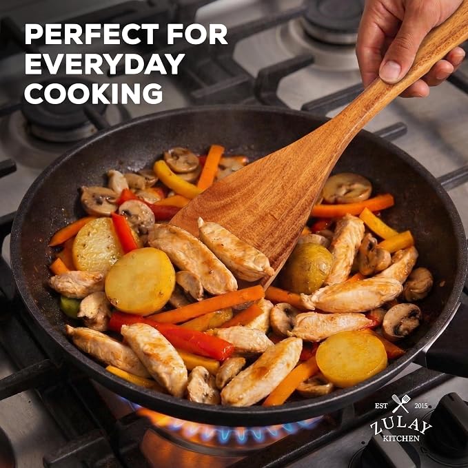 Zulay Kitchen Extra-Large 6-Piece Wooden Spoon Set - Smooth Teak Cooking Utensils - Comfort-Grip Non-Stick Turner, Spatula, Skimmer, Fork, Serving Spoon
