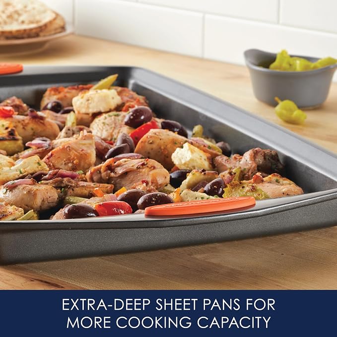 Rachael Ray Nonstick Bakeware with Grips, Nonstick Cookie Sheet / Baking Sheet - 11 Inch x 17 Inch, Gray with Orange Grips