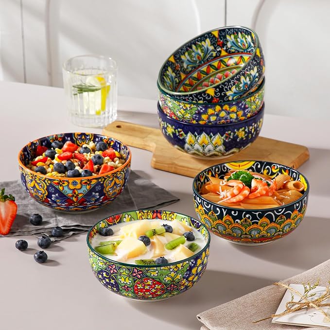 vancasso SIMI 28 oz Cereal Bowls Set of 6, Bohemian Ceramic Soup Bowls | For Pasta, Salad, Ramen, Fruit Serving, Dishwasher and Microwave Safe, Porcelain, Chip-Resistant, Decorative Bowls