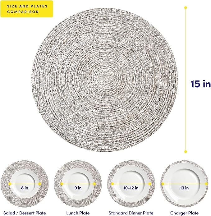 Round Placemats Set of 4-100% Cotton Two-Tone Placemat for Dining Table - Woven Braided Table Setting Place Mat - Washable Table Decor for Kitchen, Farmhouse, Rustic, Everyday Use, Gray