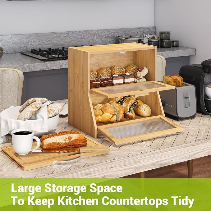 BMOSU Double-Layer Large Bread Box with Cutting Board for Kitchen Countertop Bread Box With Frosted Glass Window Bamboo(Natural)